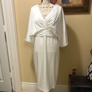 Theia V-Neck cummerbund style empire waist butterfly wings satin dress